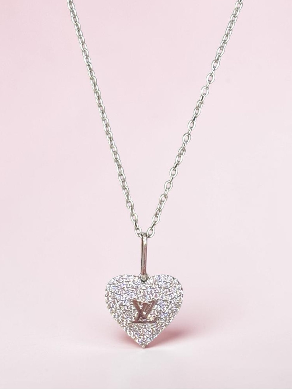 LV Upcycled Stamped Heart Pendant Necklace with Crystal Accent